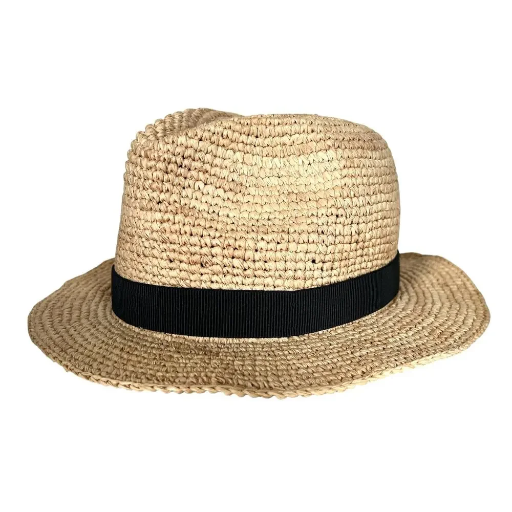 J Crew Womens Packable Straw Fedora Natural Raffia Black Band Hat S/M